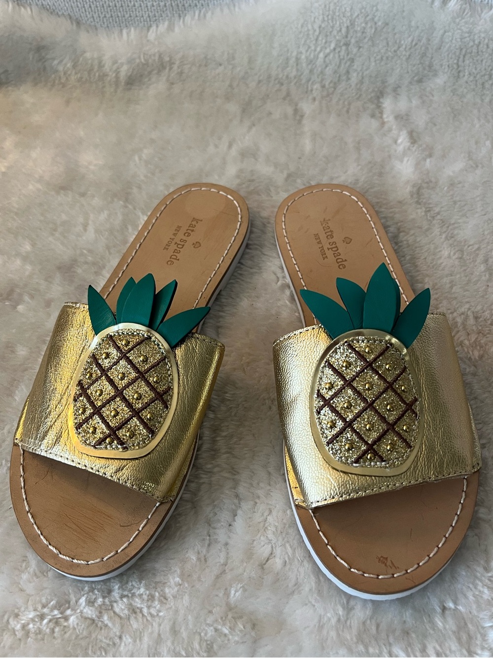 Kate Spade Gold Slide Sandals with Green Pineapple Appliqués